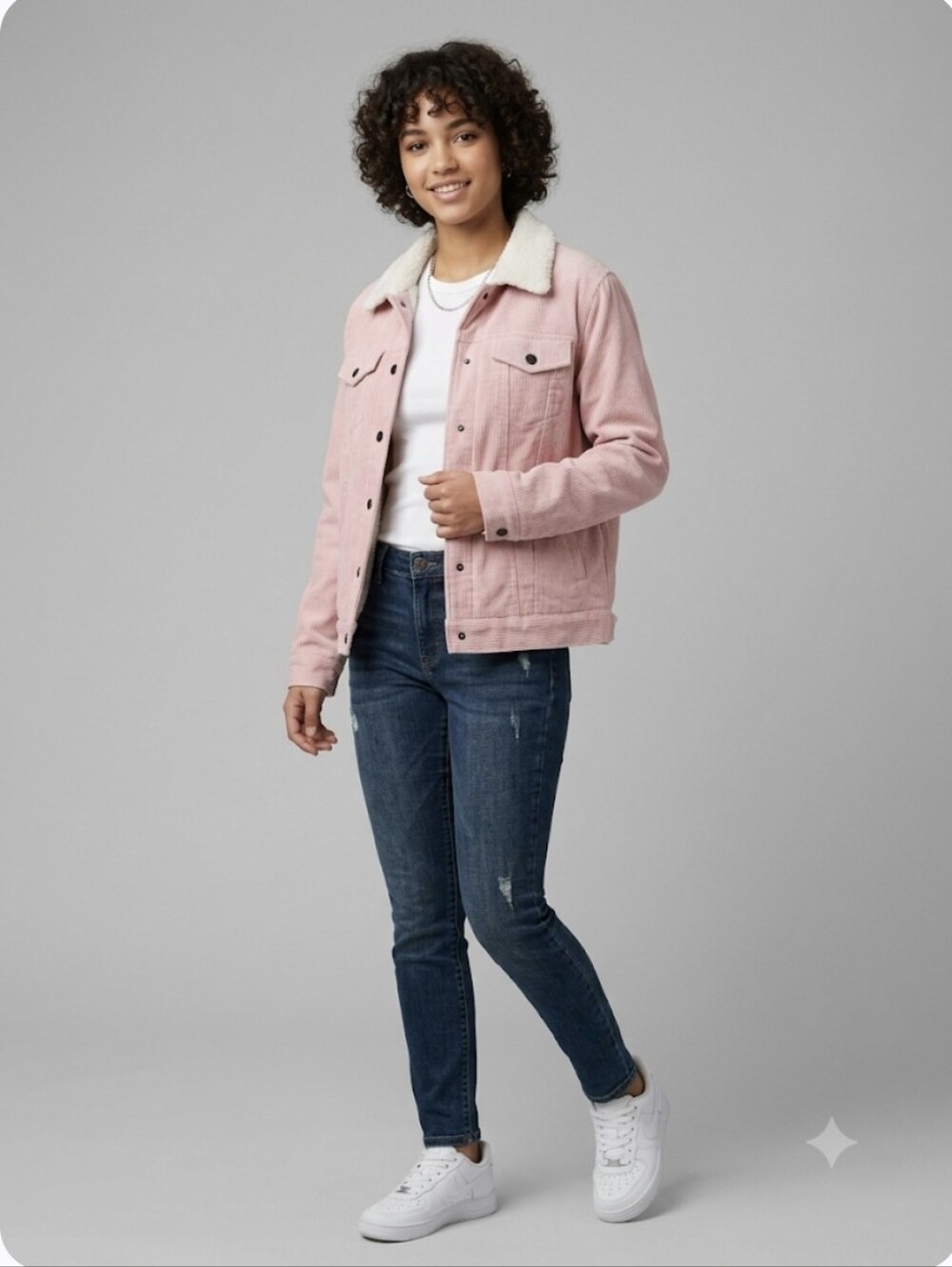Pink Corduroy Jacket with Faux Shearling Collar